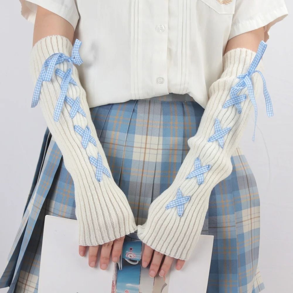 Fingerless Glove Knit - ปลอกแขนถักสำหรับผู้หญิงสุดอินเทรนด์ ฤดูใบไม้ร่วง-ฤดูหนาว สไตล์คาวาอี้ โลลิต้า ญี่ปุ่น สีขาว