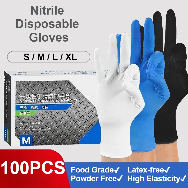 Exam Glove Nitrile - ถุงมือไนไตรล์แบบใช้แล้วทิ้ง 100 ชิ้น สีดำ/ขาว/น้ำเงิน/ม่วง ปราศจากน้ำยางและแป้ง ปลอดภัยสำหรับอาหาร