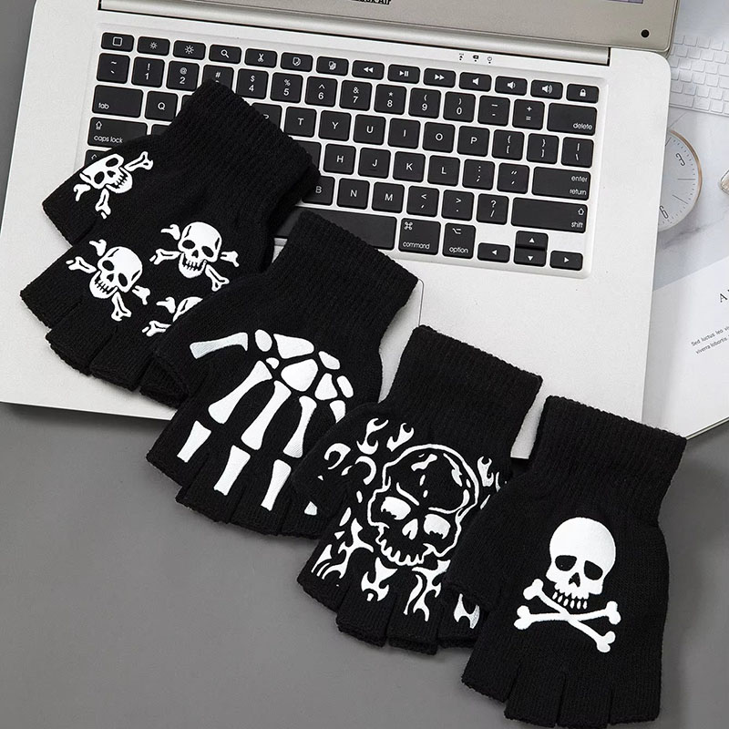 Fingerless Glove Knit - 1-4 คู่ถุงมือยู ไนเซกซ์ฮาโลวีนโครงกระดูกกะโหลกครึ่งนิ้วถุงมือเรืองแสงในที่มืดถักแบบยืดถุงมือฤดูหนาว