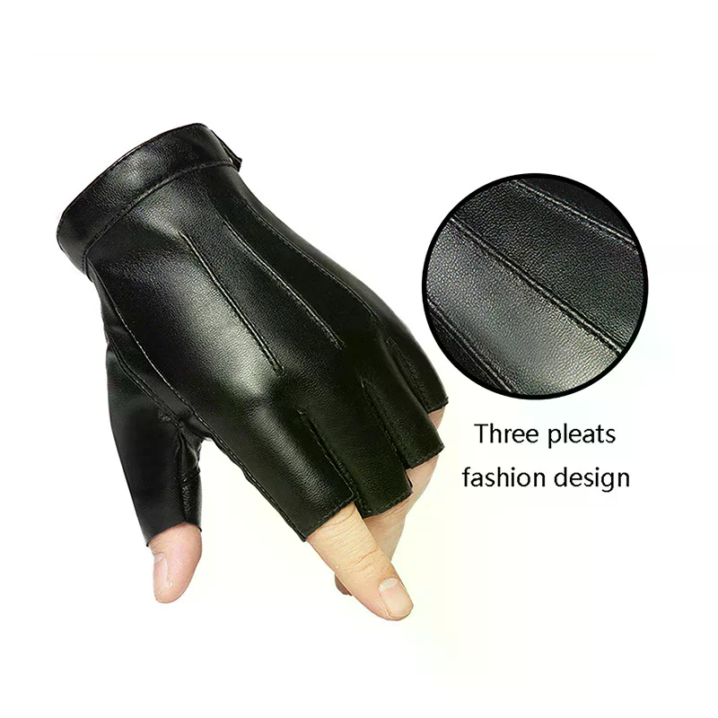 Leather Driving Glove - ถุงมือผู้ชายแบบไม่มีนิ้ว ถุงมือหนัง PU สไตล์มอเตอร์พังก์ ถุงมือผู้ชายแบบครึ่งนิ้ว สีดำ
