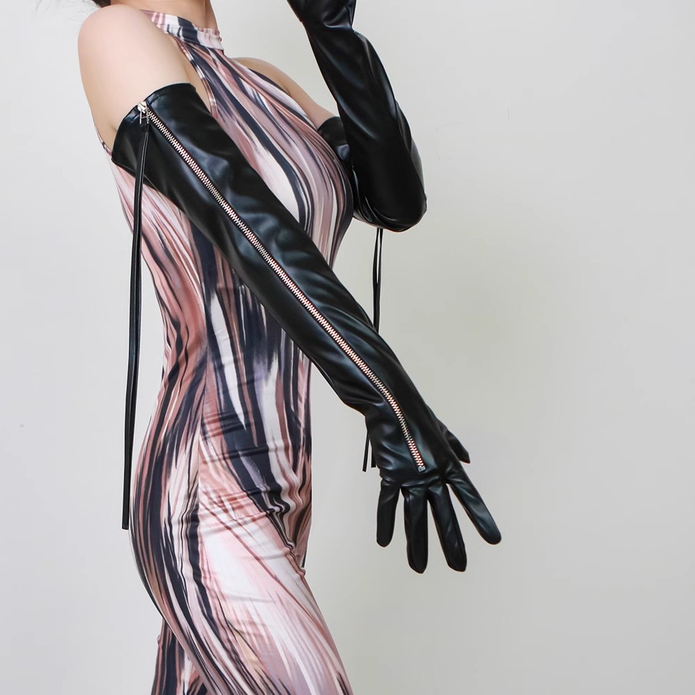 Leather Driving Glove - ถุงมือหนัง PU ยาวสีดำสำหรับผู้หญิง, ถุงมือสำหรับใส่ขับรถมีซิปขนาด60ซม. สำหรับฤดูใบไม้ผลิฤดูหนาวและใบไม้ร่วง R1100